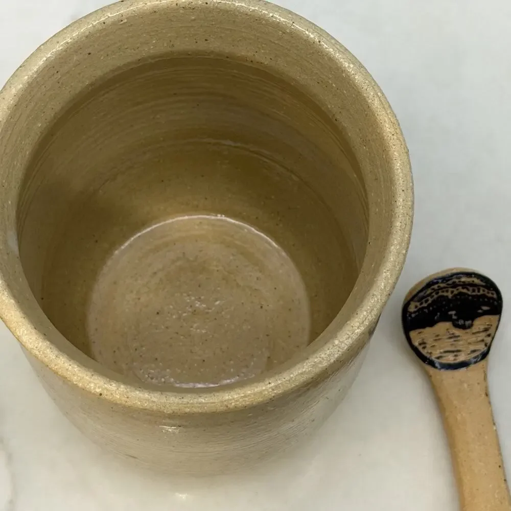 Sylvia Lawson NC Pottery Blue Sgrafitto Condiment Jar Lid Spoon Pilot Mountain